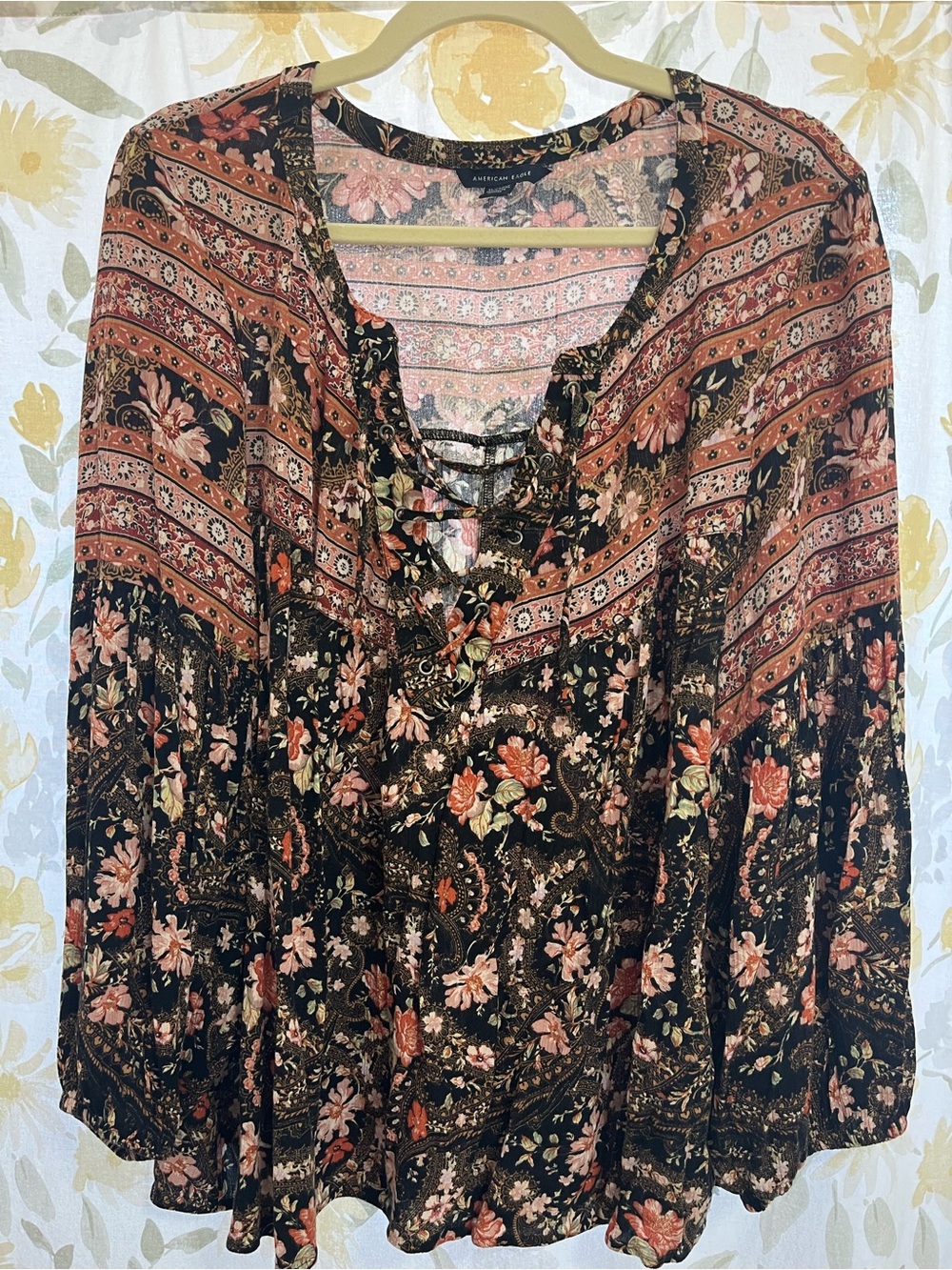 American Eagle Outfitters Black Floral Lace-Up Boho Tunic